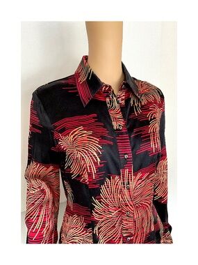 Parallel Silk Black Red Print Button Up Shirt Fitted Size 4